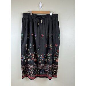 Vtg Embroidered Boho Maxi‎ Skirt Black Sz Small Tie Waist Liz Wear